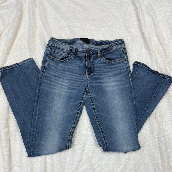 Buckle Black Blue Boot Cut Jeans with Distressed Look - Picture 1 of 4